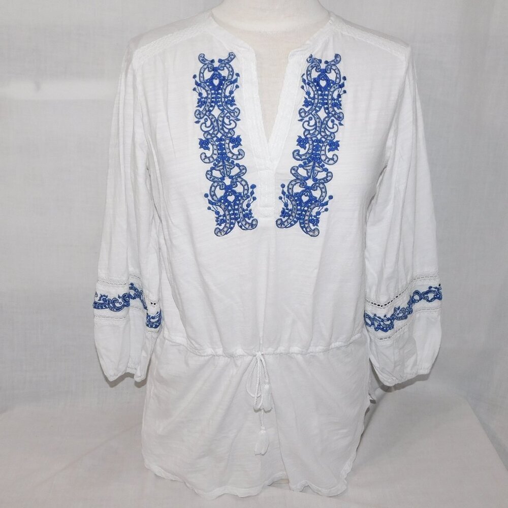Lauren Ralph Lauren White Blue Embroidered Tunic Top Boho Peasant Blouse Women M